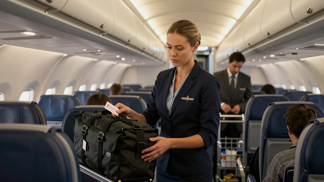 Assistente de bordo a arrumar bagagem num avião enquanto outro serve os passageiros.