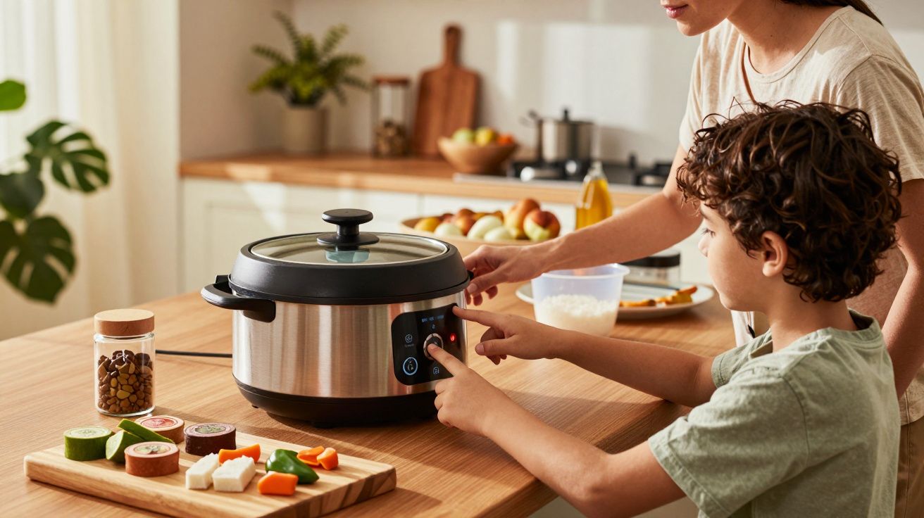 Criança e adulto preparam refeição numa panela elétrica, com legumes cortados ao lado, numa cozinha iluminada.