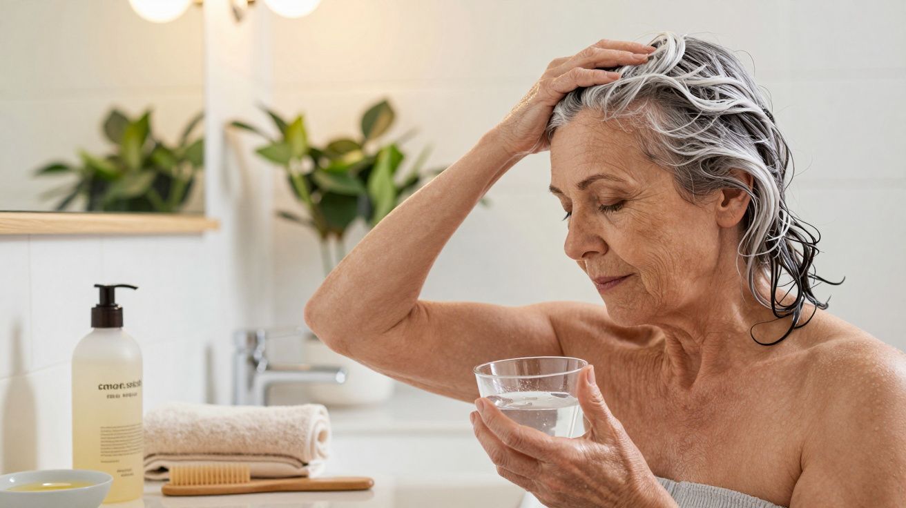 Mulher mais velha com cabelo molhado, segura um copo de água no banheiro, com toalhas e plantas ao fundo.
