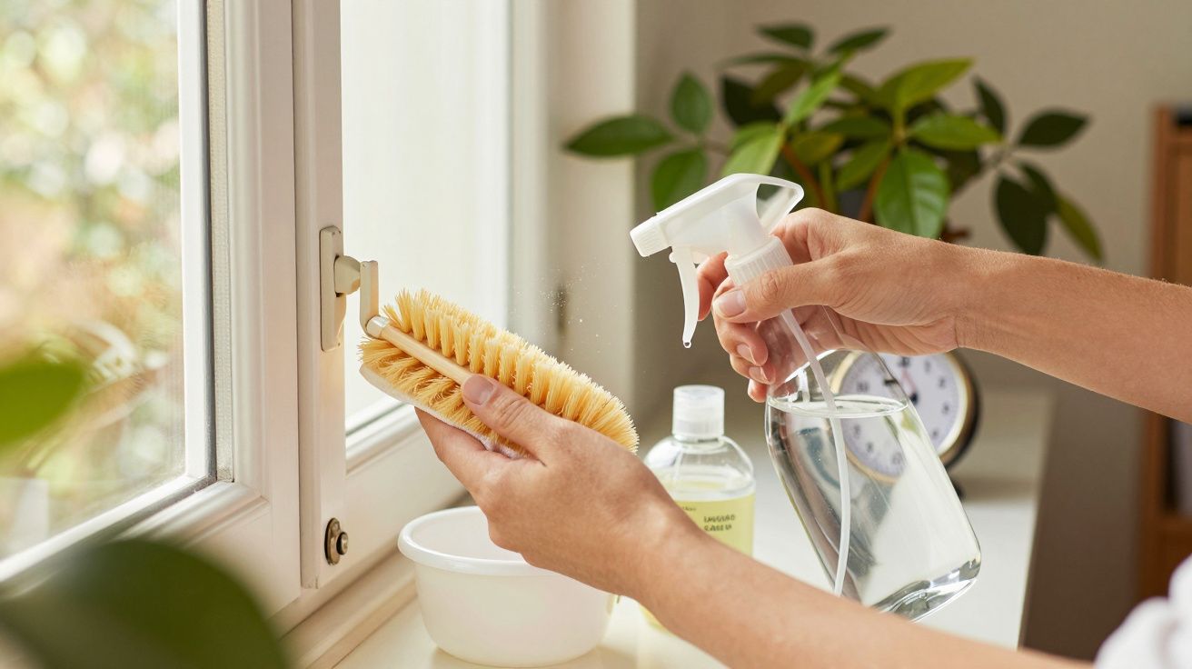 Mãos a aplicar spray numa escova de limpeza junto a uma janela; plantas e frascos no fundo.