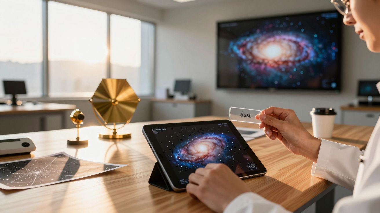 Pessoa segurando um cartão com a palavra "dust" enquanto observa galáxia num tablet sobre uma mesa em escritório moderno.