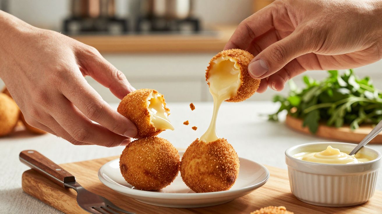 Duas mãos seguram bolinhas de queijo fritas numa cozinha. Queijo derretido sai de uma, com molho ao lado.