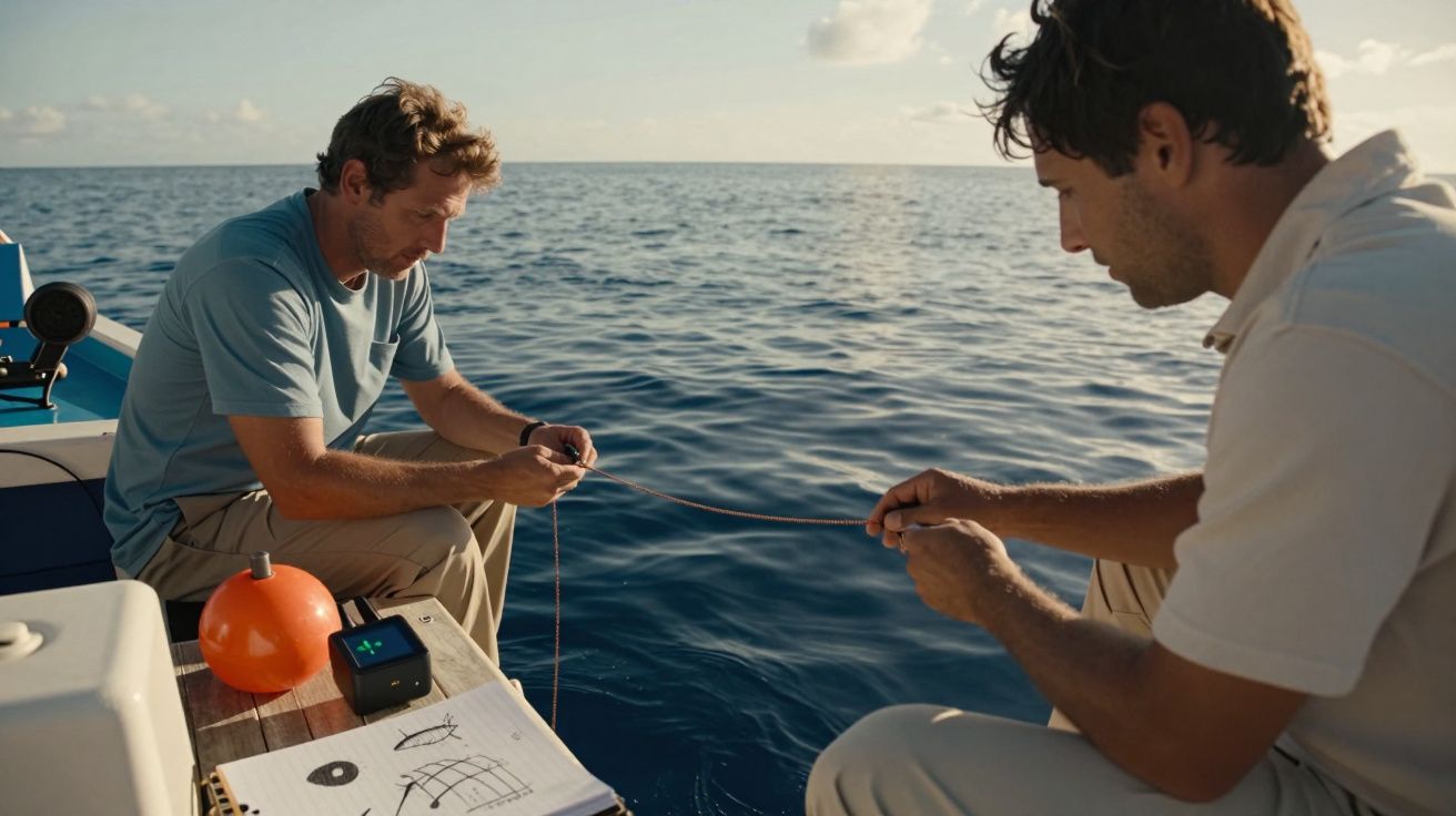 Dois homens num barco no mar, manipulando equipamento de medição, com um bloco de notas e uma bóia laranja ao lado.