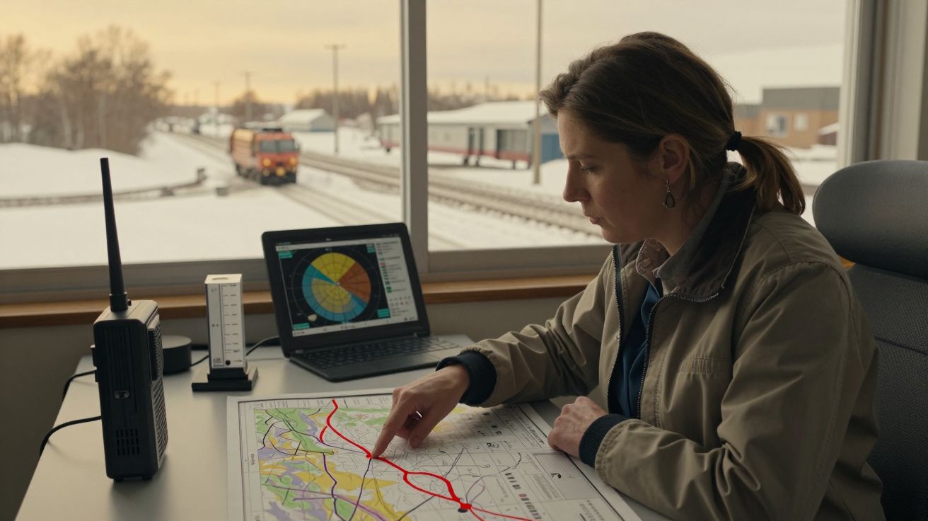 Mulher a trabalhar num escritório ferroviário, analisando mapas e monitor junto à janela com comboio a passar lá fora.