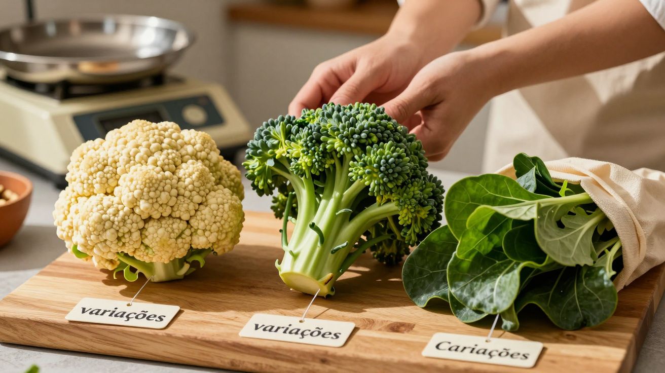 Mãos a organizar couve-flor, brócolos e couve numa tábua de madeira com etiquetas de "variações".