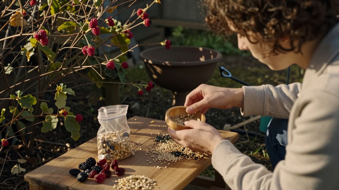 Pessoa a preparar sementes numa tigela de madeira ao ar livre, com bagas e sementes em cima de uma mesa.