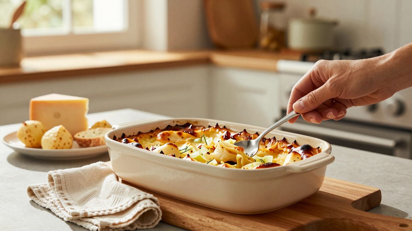 Pessoa a servir lasanha cremosa num tabuleiro numa cozinha iluminada, com queijo e batatas ao fundo.