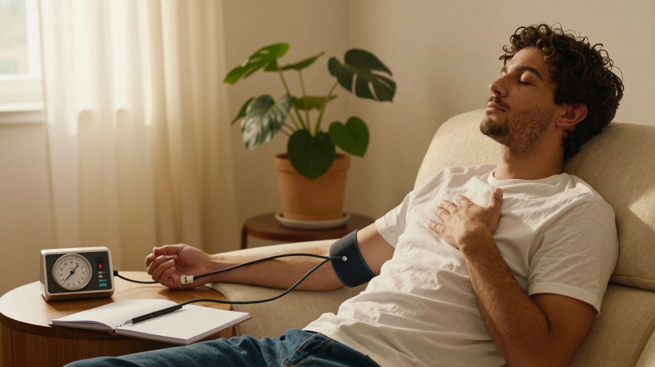 Homem sentado num sofá a medir a tensão arterial, com uma mão no peito. Mesa com caderno e planta ao fundo.
