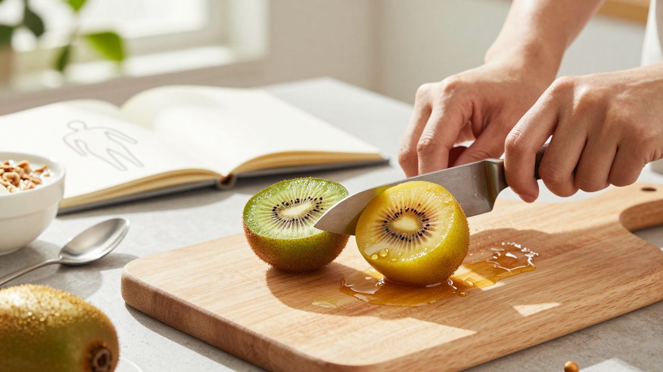 Pessoa a cortar kiwi ao meio numa tábua de madeira, com livro e tigela ao fundo.