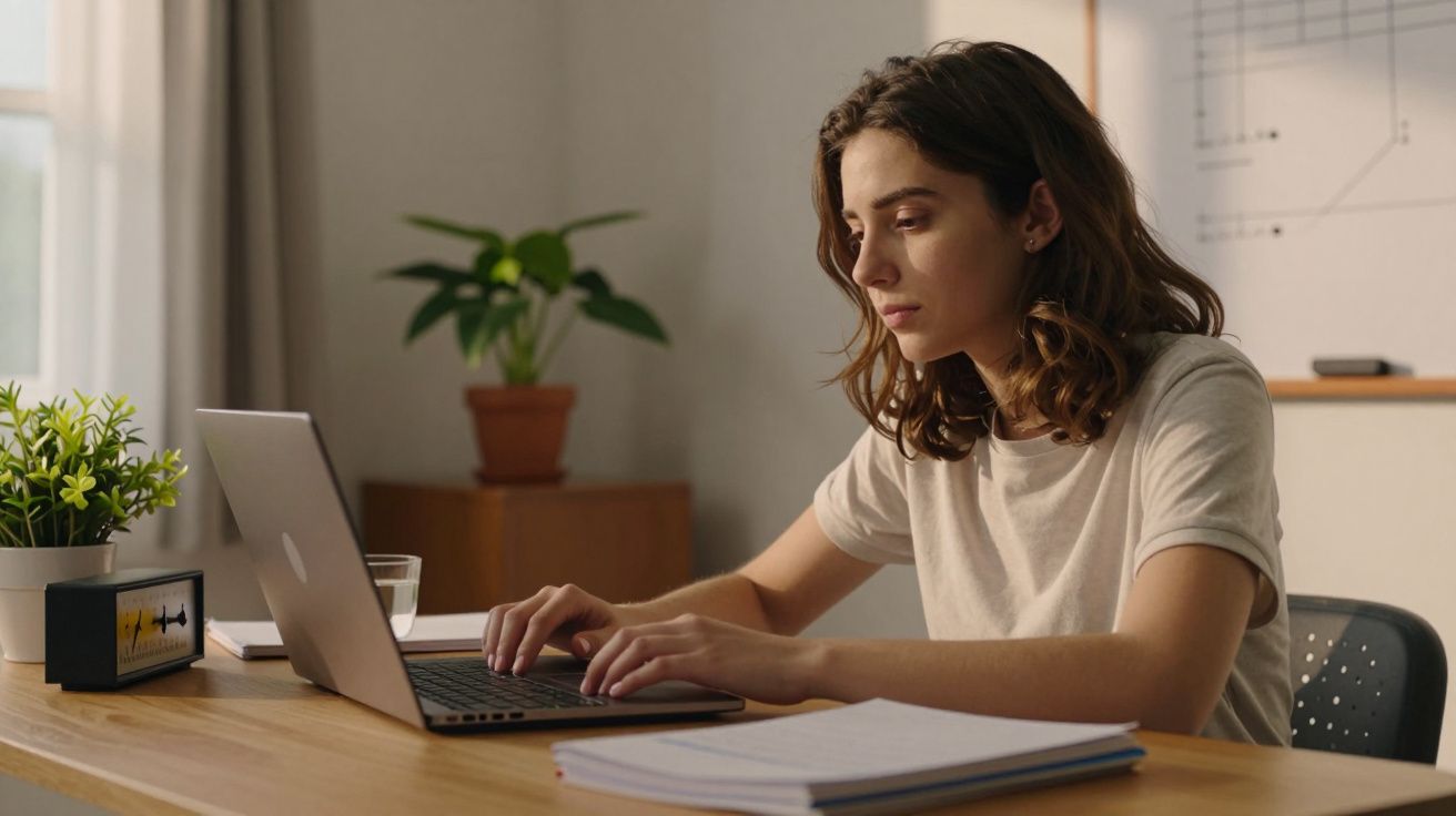 Mulher a trabalhar no computador portátil numa mesa com plantas e documentos.