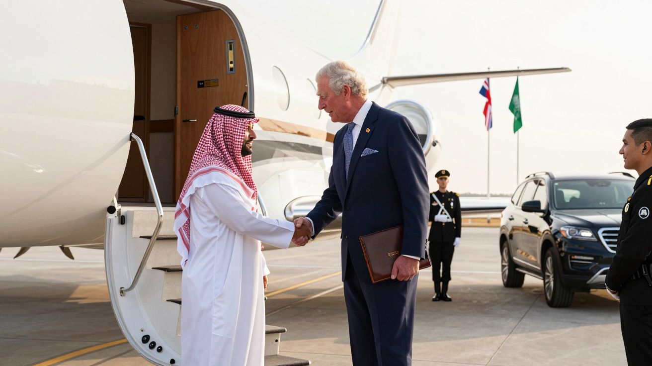 Dois homens a cumprimentar-se junto a um jato privado, com bandeiras ao fundo e um carro preto ao lado.