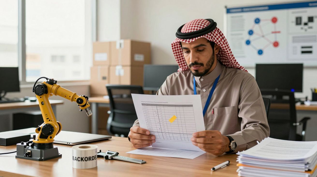 Homem com traje tradicional analisa documentos numa mesa de escritório com braço robótico e caixas ao fundo.