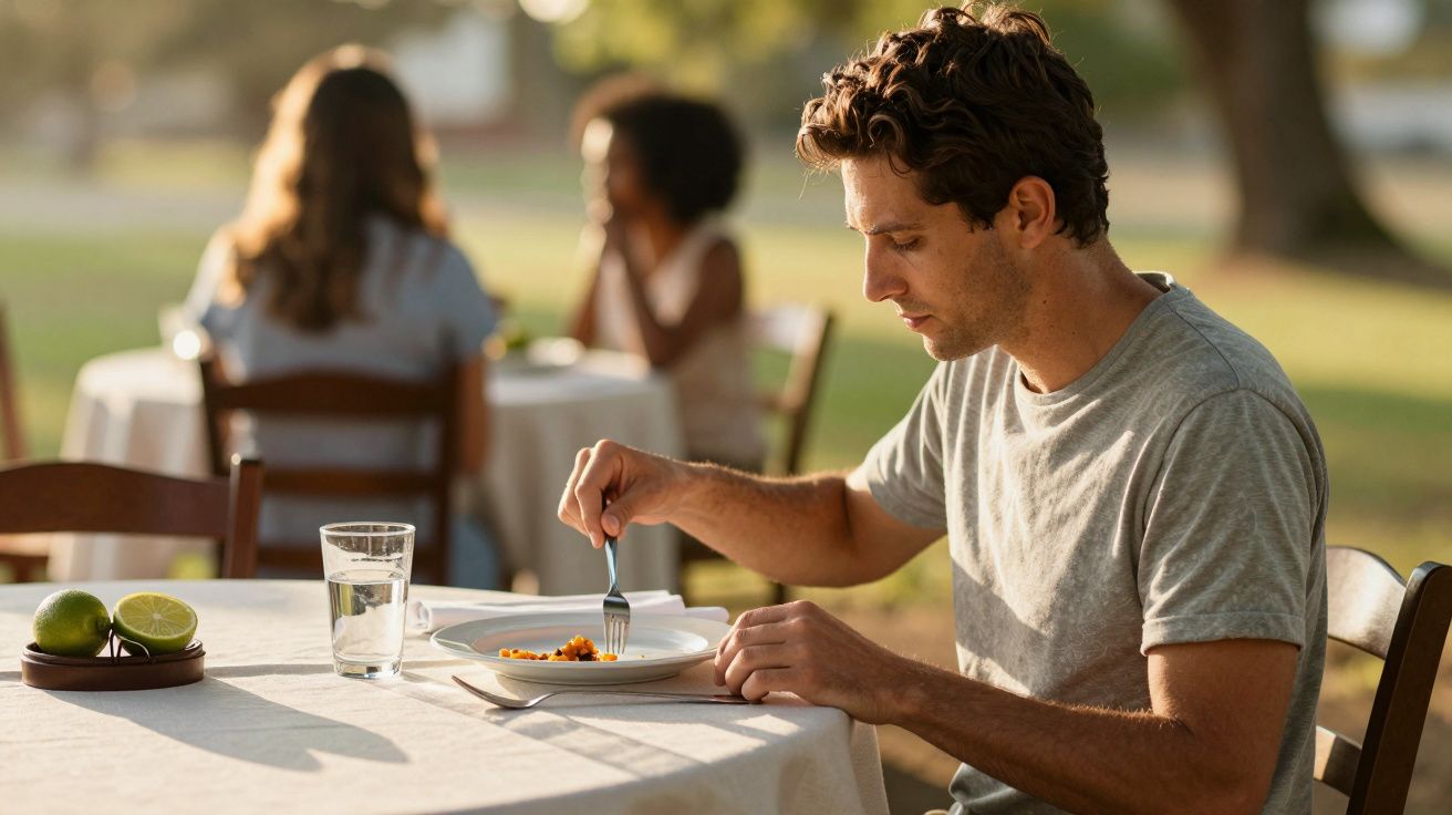 Homem sentado ao ar livre, sozinho numa mesa, a comer com garfo, com um copo de água e limões ao lado.