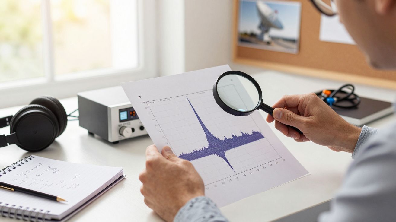 Homem analisa gráfico com lupa numa folha de papel, equipamento eletrónico e auscultadores ao fundo.