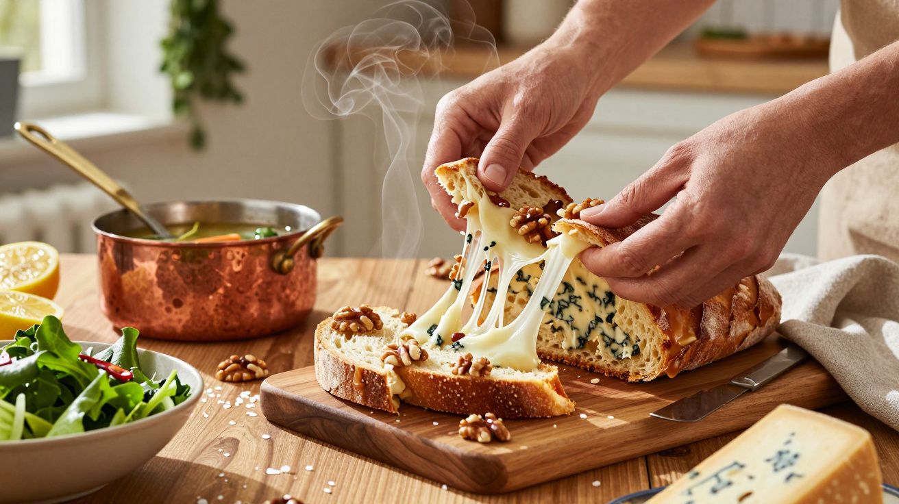 Pessoa rasga pão com queijo derretido e nozes; salada e panela ao fundo.