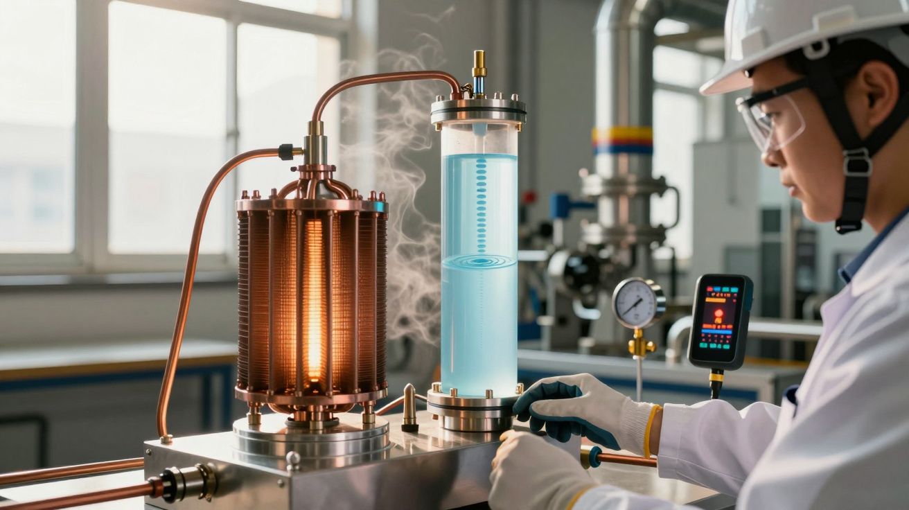 Cientista com capacete e óculos opera equipamento laboratorial com tubos e vapor num laboratório moderno.