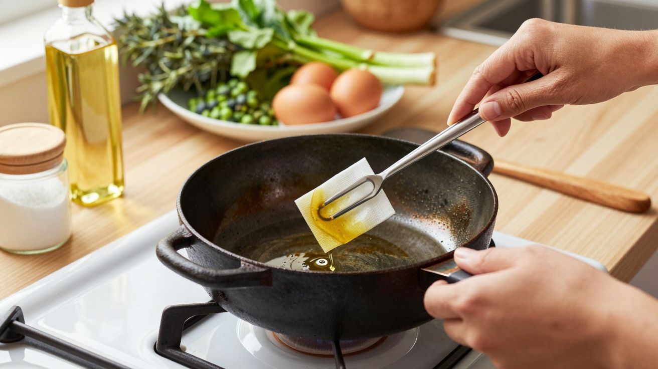 Pessoa limpa uma frigideira com toalha de papel; ao fundo, azeite, sal e ingredientes frescos sobre a bancada.