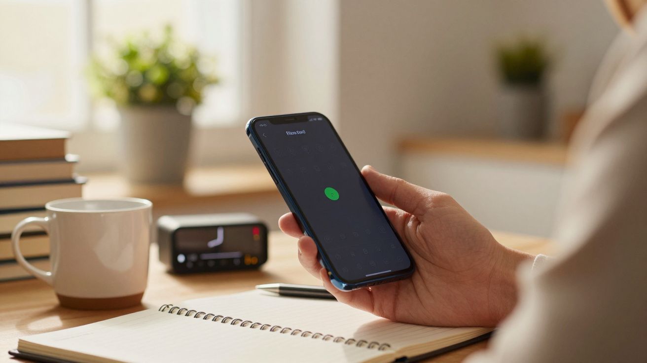 Pessoa segura um smartphone com cronómetro ativo, perto de um caderno aberto numa mesa.