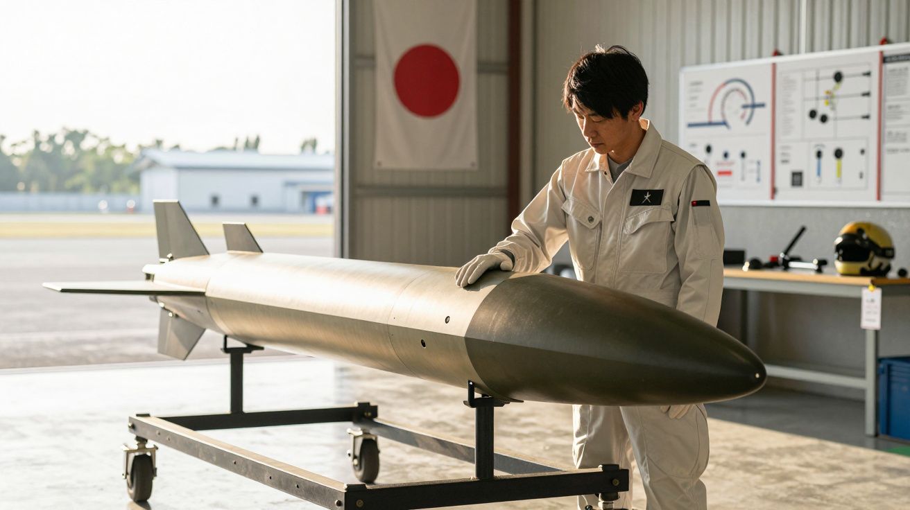 Homem em uniforme branco examina míssil em suporte, com bandeira do Japão ao fundo em hangar iluminado.