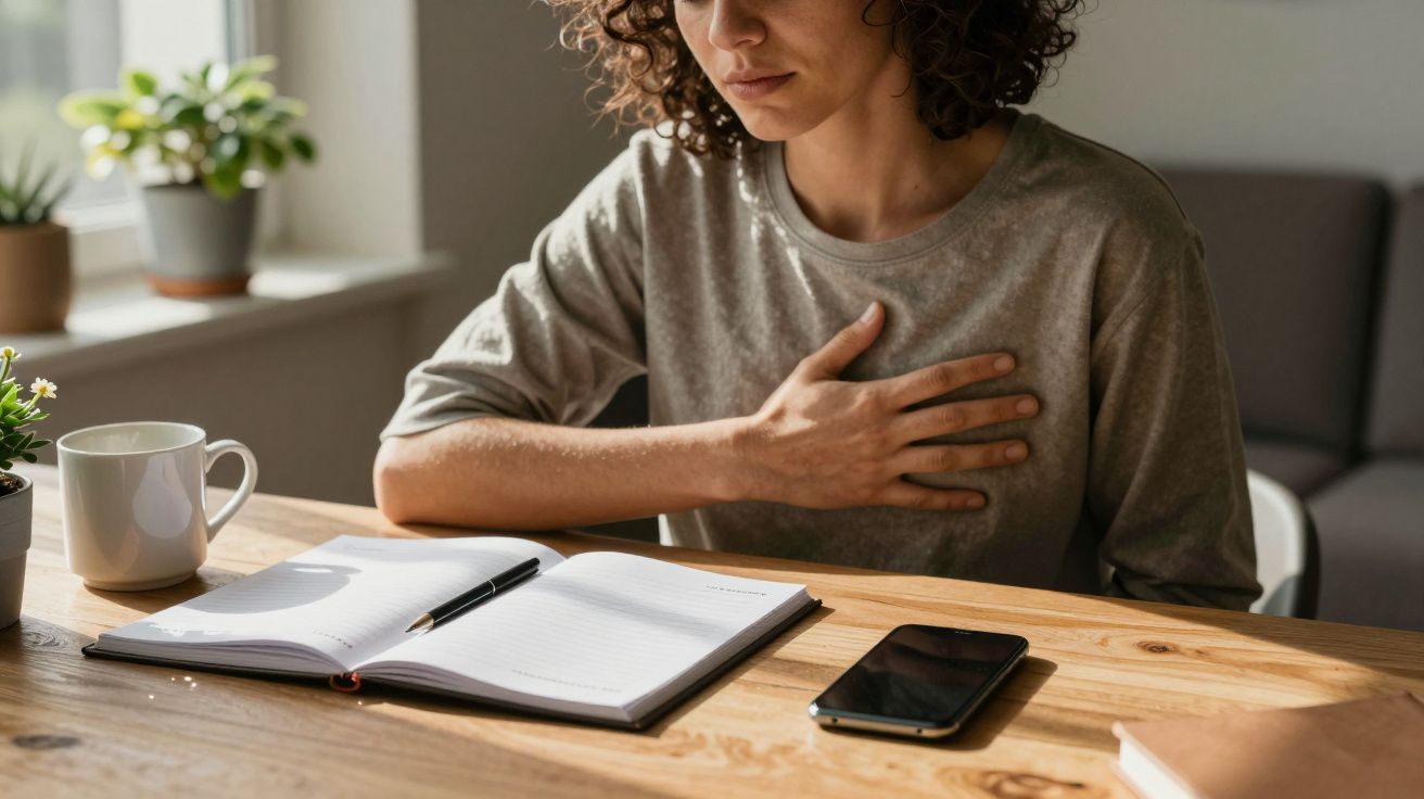 Mulher sentada à mesa com mão no peito, caderno, telemóvel e chávena ao lado, expressão preocupada.