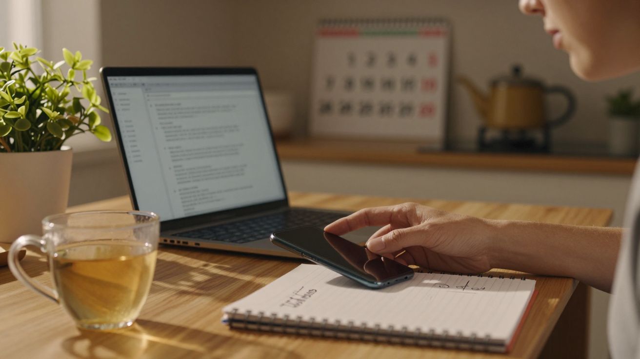 Pessoa usando telemóvel e portátil numa mesa, com caderno, chá e planta ao lado. Calendário visível ao fundo.