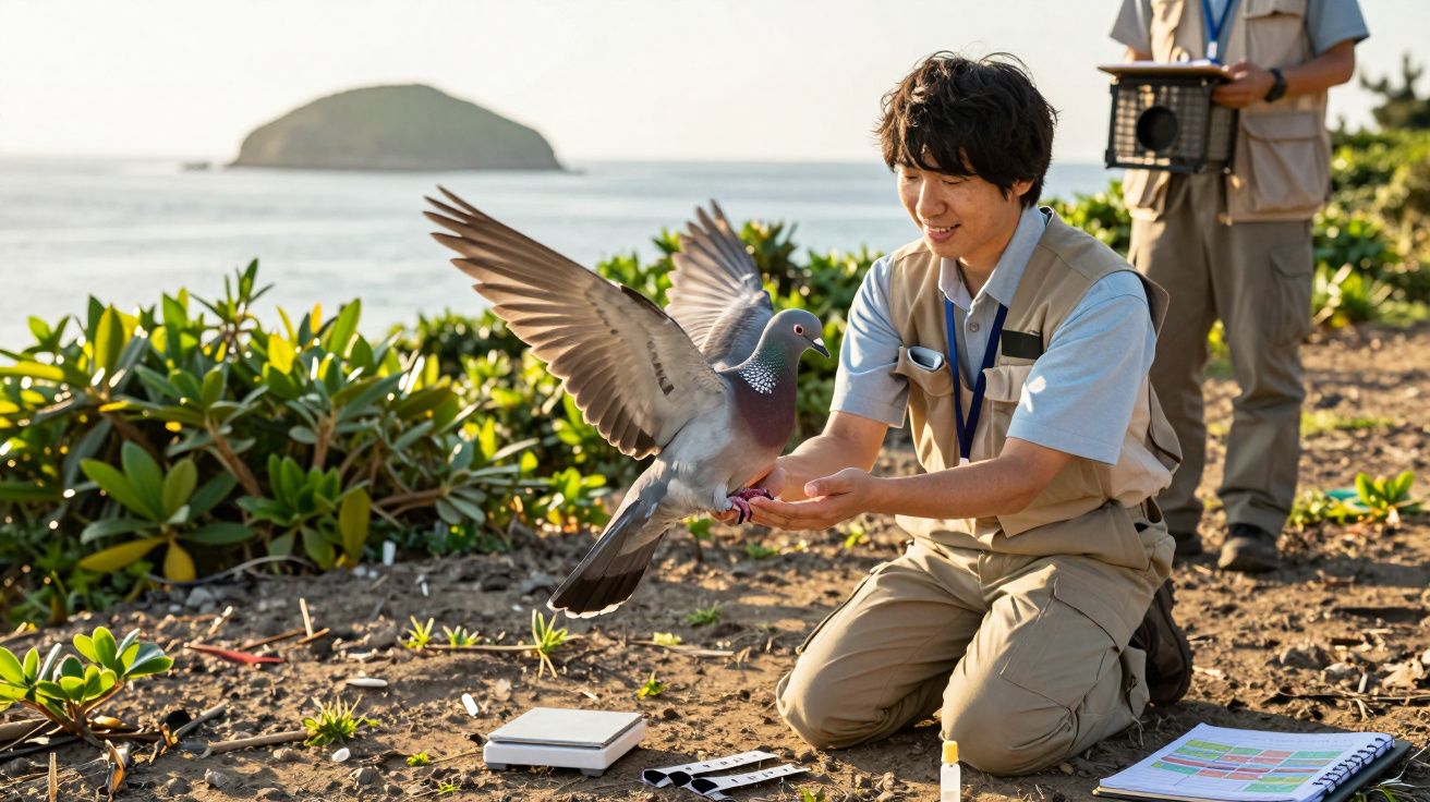 Investigador ajoelhado solta pombo, rodeado de equipamento, junto ao mar e vegetação em ilha ao fundo.
