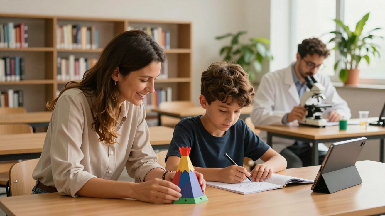 Mulher e rapaz estudam juntos numa sala, enquanto um homem ao fundo observa um microscópio.