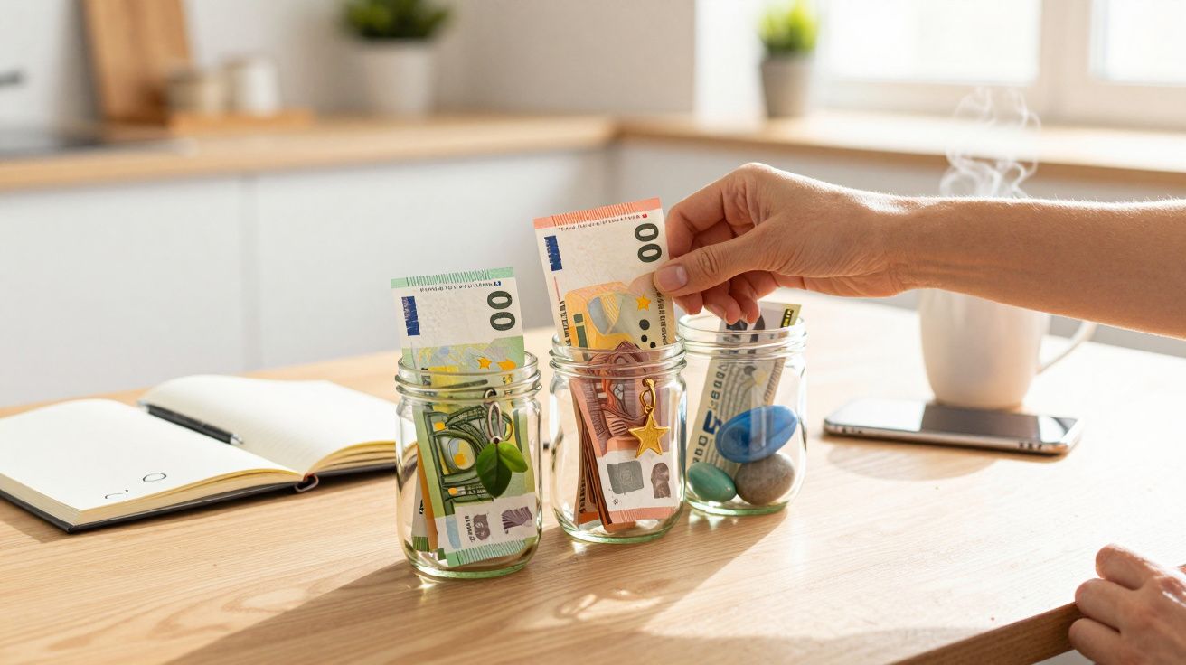 Mão colocando notas de euro em frascos de vidro sobre uma mesa de madeira com caderno e chávena ao fundo.