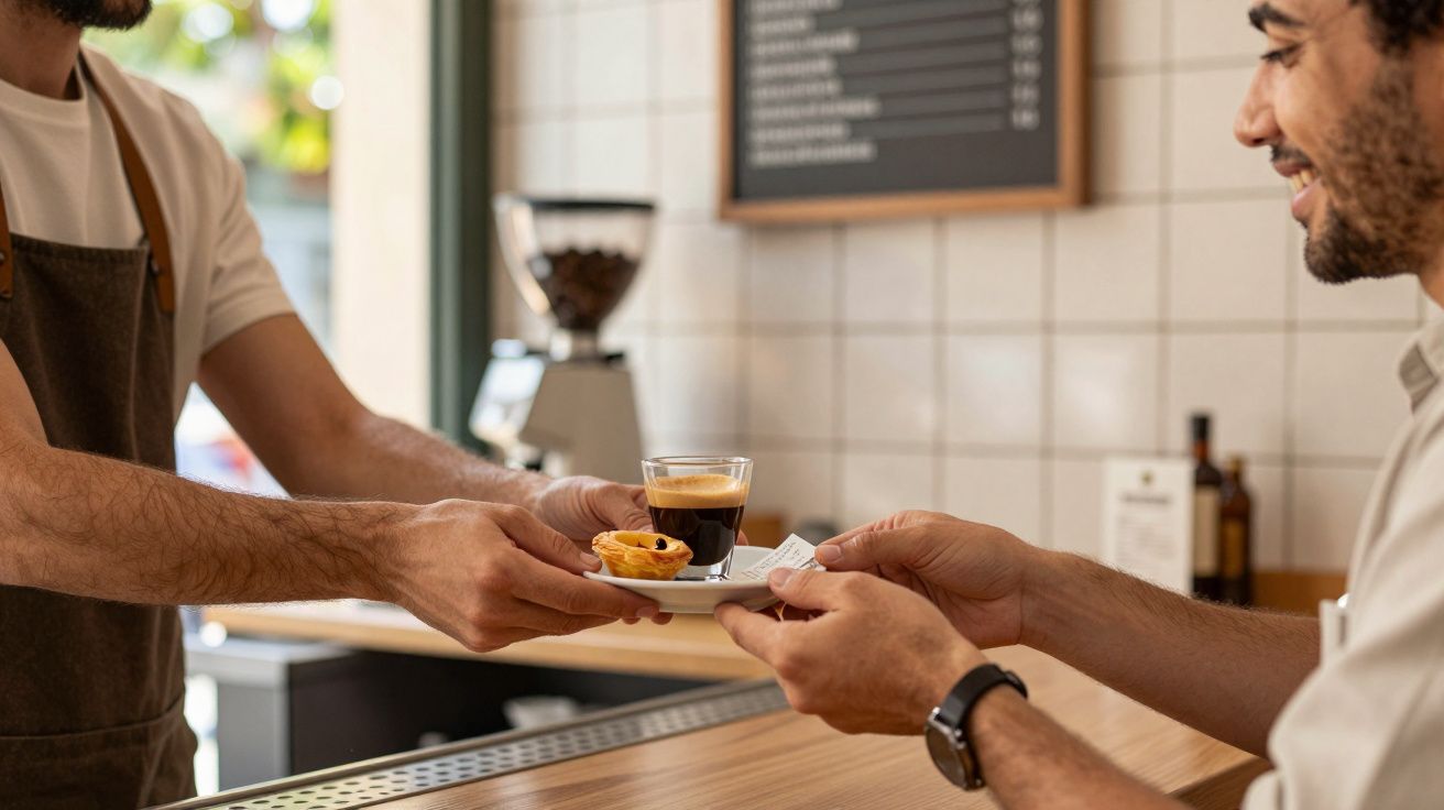 Barista a entregar uma chávena de café e pastel de nata a um cliente sorridente num balcão de café moderno.