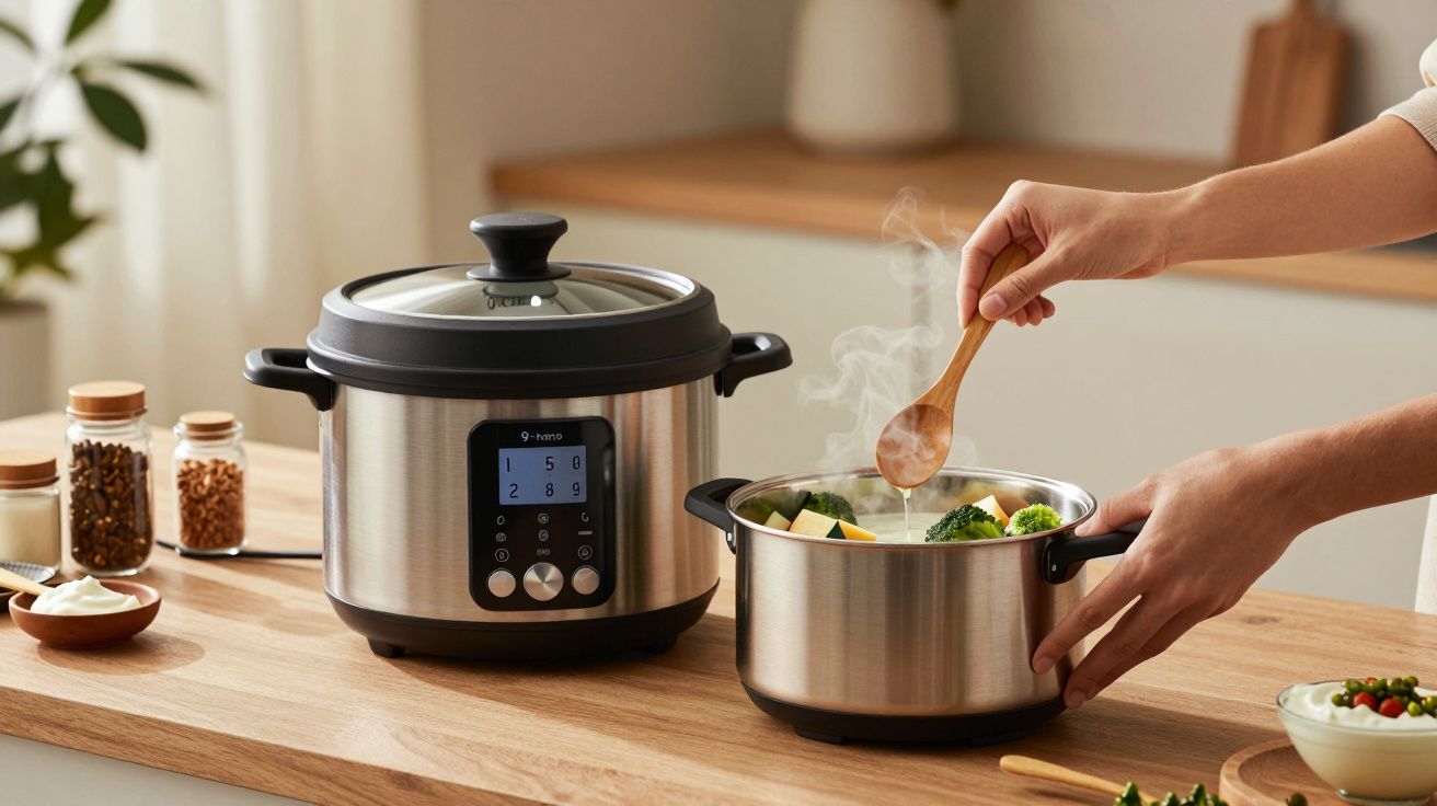 Pessoa a cozinhar legumes numa panela ao lado de uma panela elétrica num balcão de cozinha.