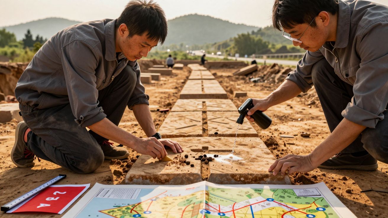 Dois homens trabalham em escavação arqueológica, examinando artefatos e mapas no solo, com montanhas ao fundo.
