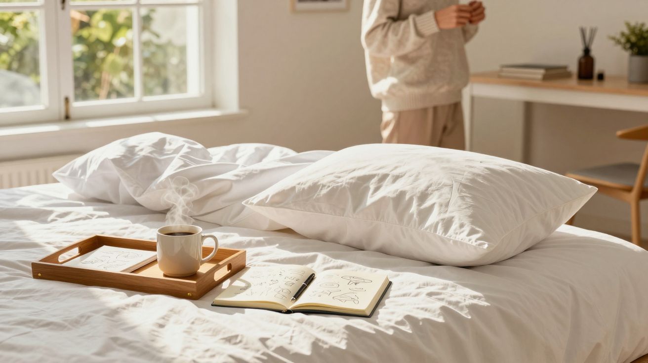 Cama com lençóis brancos, chávena de café e caderno aberto numa bandeja; ao fundo, pessoa em pé junto a mesa.