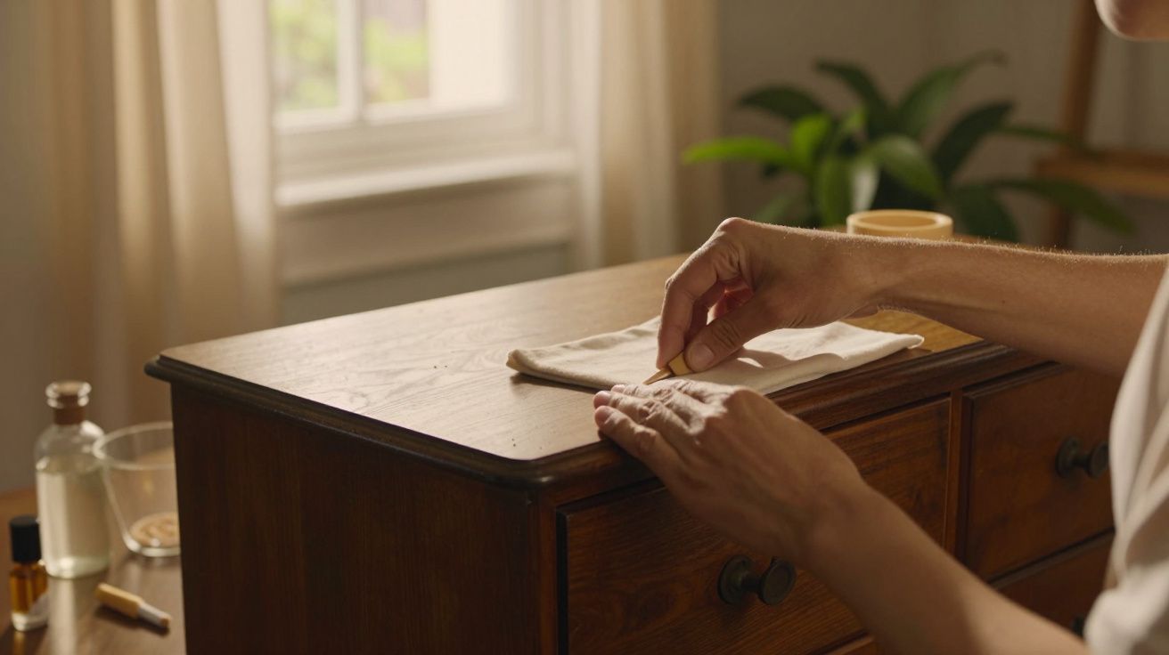 Pessoa a limpar uma cómoda de madeira com pano branco, planta verde e janela ao fundo.