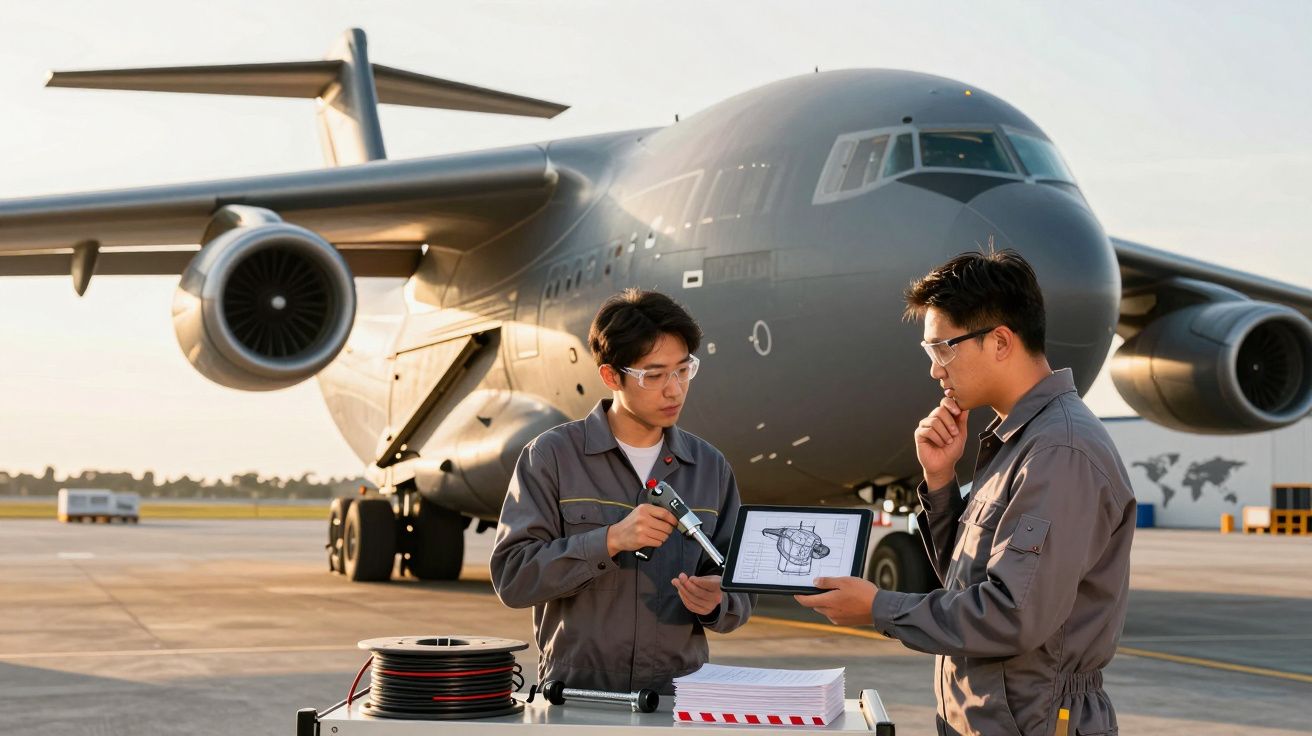 Dois técnicos analisam planos com tablet à frente de um grande avião cinzento na pista.