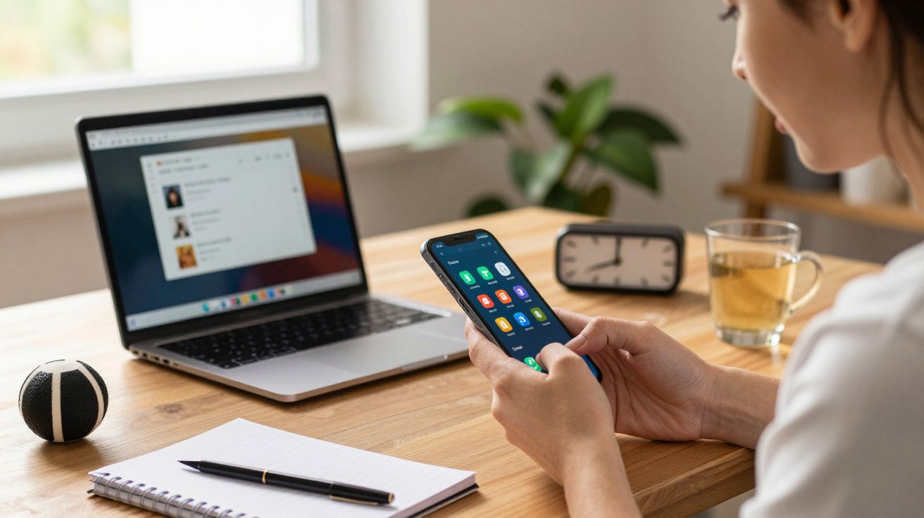Mulher trabalhadora segurando smartphone, com portátil aberto em mesa de madeira, chá e bloco de notas ao lado.