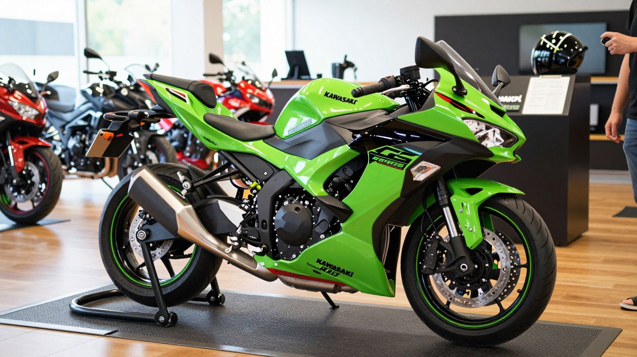 Moto Kawasaki Ninja ZX-6R verde num showroom com modelos vermelhos ao fundo.