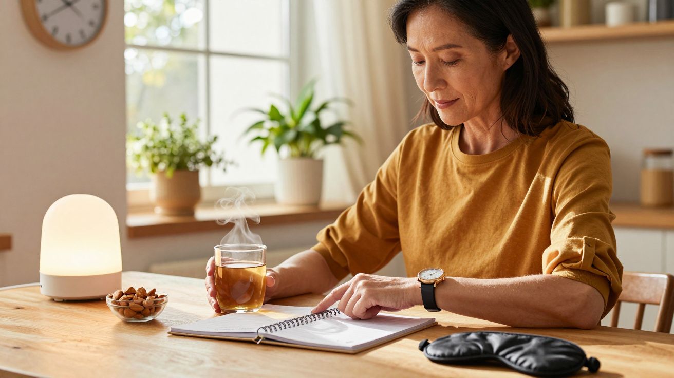 Mulher lendo em mesa de madeira, com chá, amêndoas, abajur e plantas ao fundo.