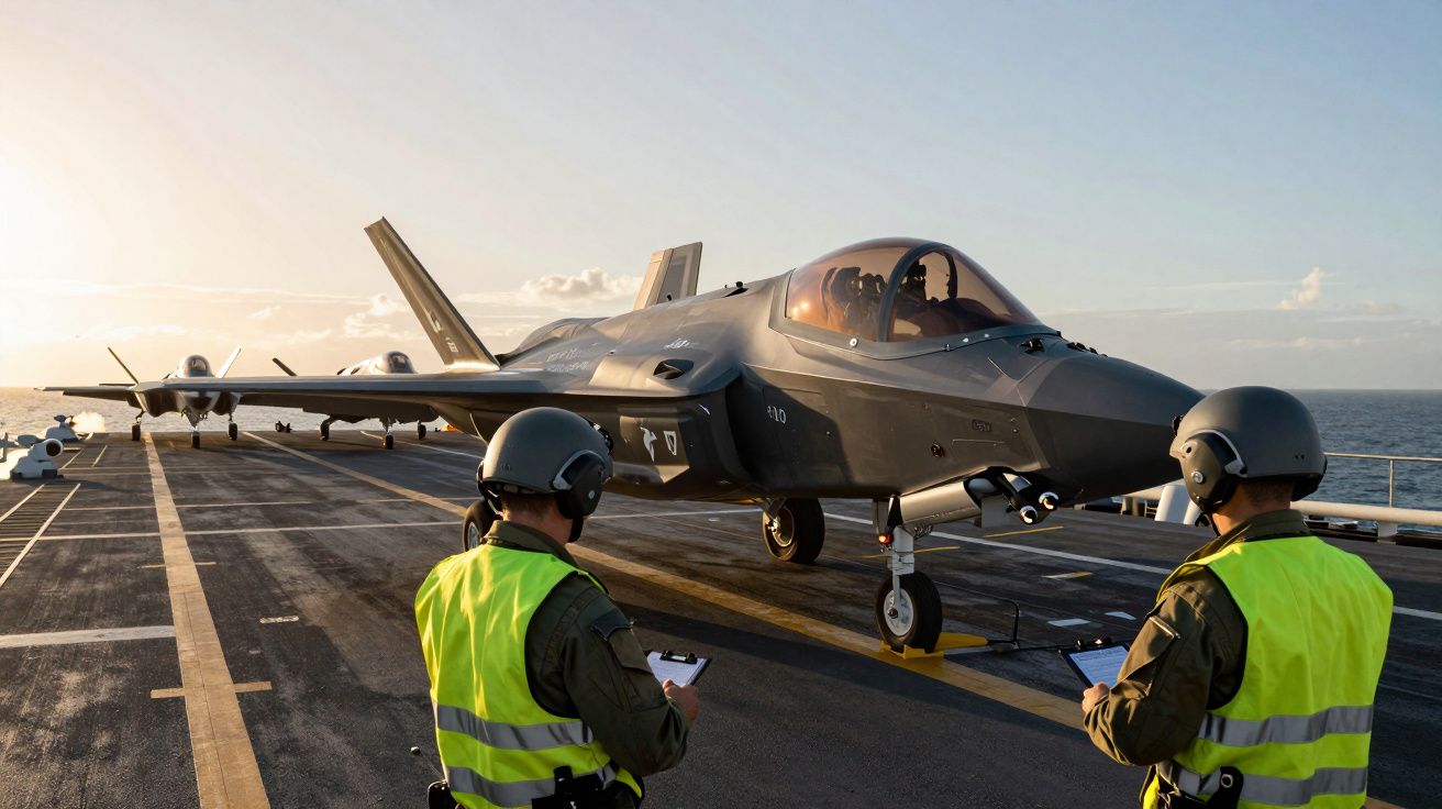 Dois funcionários com coletes refletores observam um caça F-35 no convés de um porta-aviões ao pôr do sol.