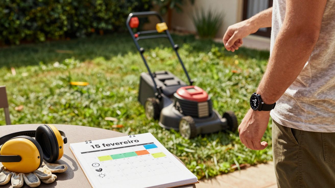 Homem ao lado de um calendário, cortador de relva e equipamento de proteção no jardim.
