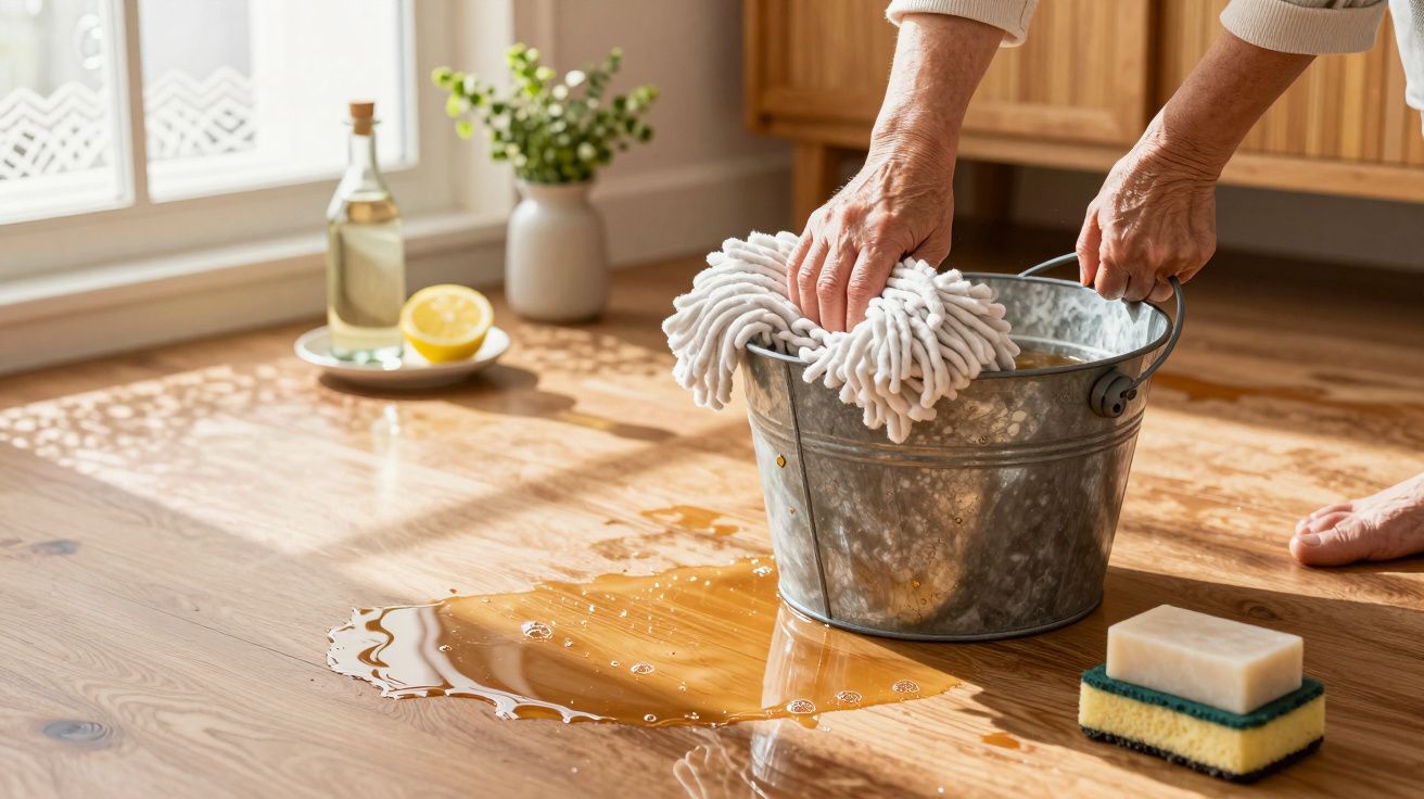 Mãos limpam água entornada no chão de madeira com esfregona e balde. Sabão e esponja ao lado.