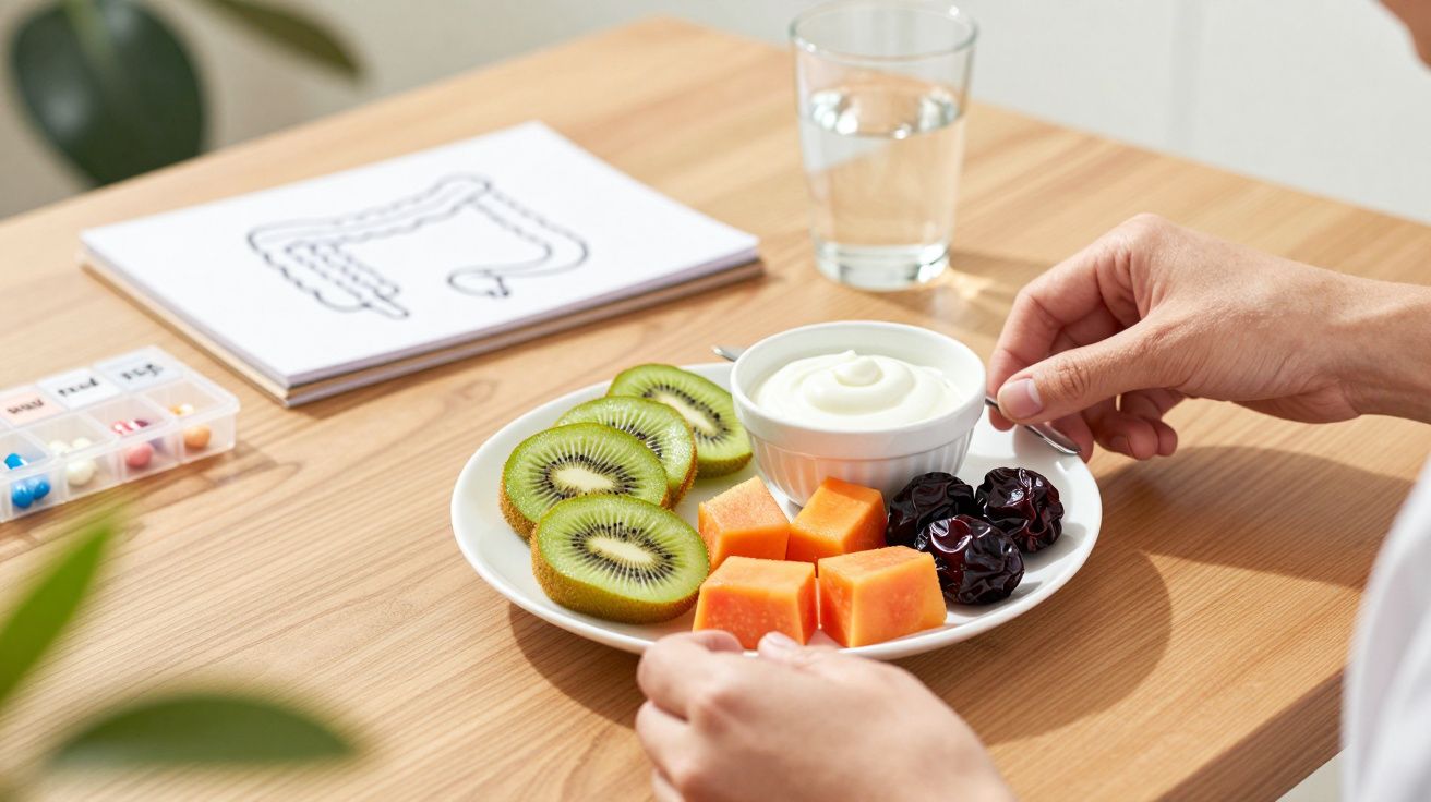 Prato com kiwi, mamão, ameixas e iogurte; copo de água; esquema de intestinos e caixa de comprimidos na mesa.