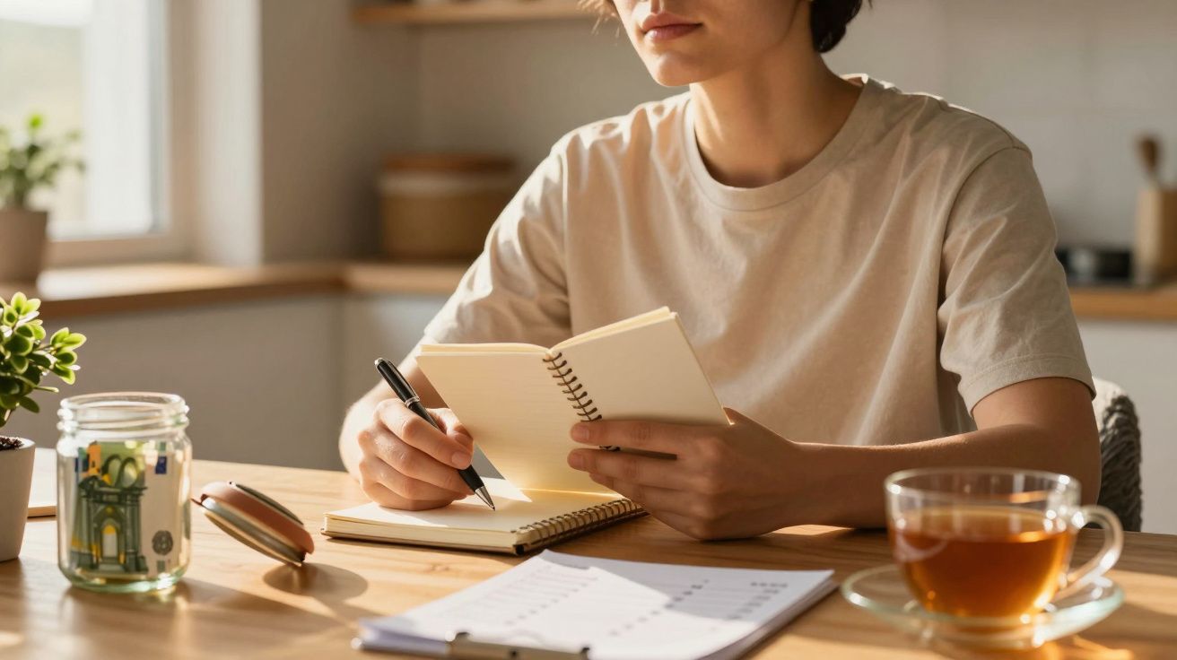 Pessoa com camiseta bege escreve num caderno em mesa de madeira com chá, jarro de moedas e lista de tarefas.