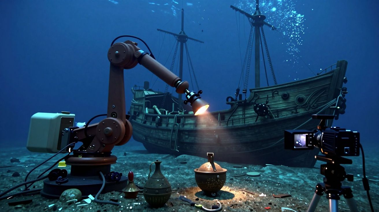 Robô subaquático examina destroços de um navio antigo, iluminando artefatos na areia.