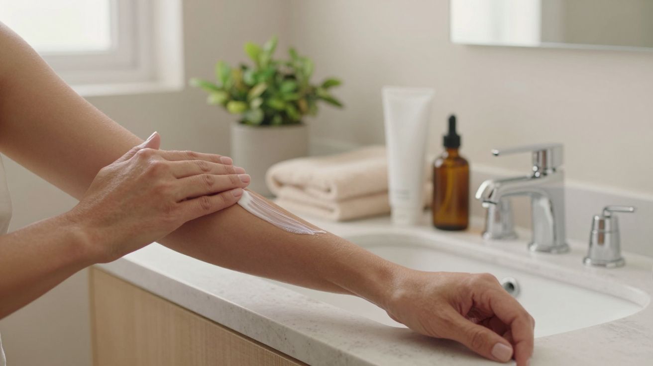 Pessoa a aplicar creme no antebraço numa casa de banho, com toalhas e plantas ao fundo.