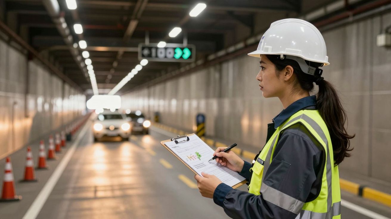 Engenheira com capacete inspecciona túnel, tomando notas numa prancheta enquanto um carro se aproxima.