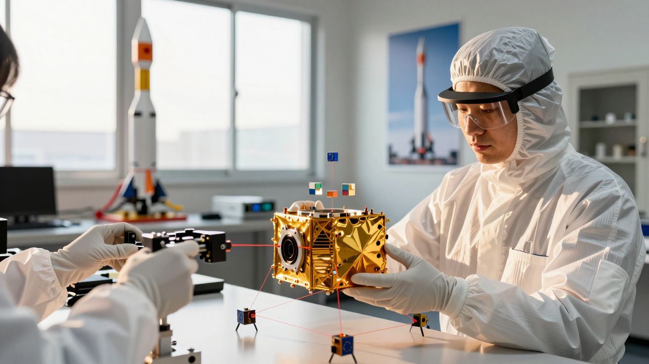 Cientistas em laboratório desenvolvem satélite em miniatura, usando trajes de proteção e equipamentos de precisão.