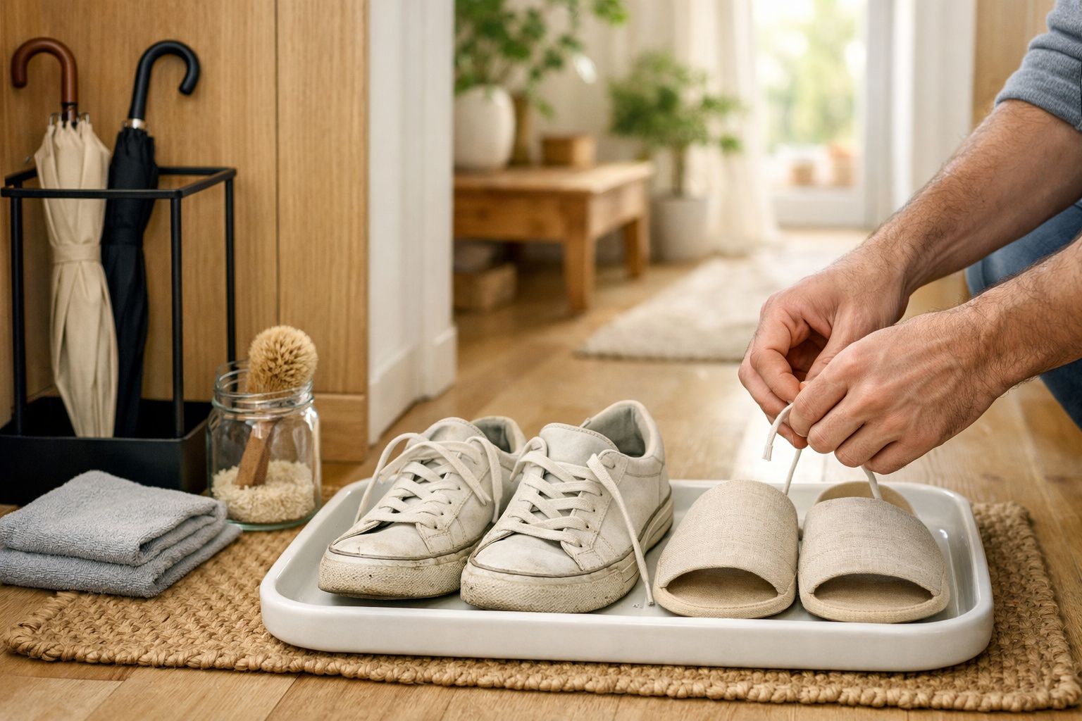 Mãos a ajustar chinelos ao lado de ténis brancos num tabuleiro, com guarda-chuvas ao fundo.
