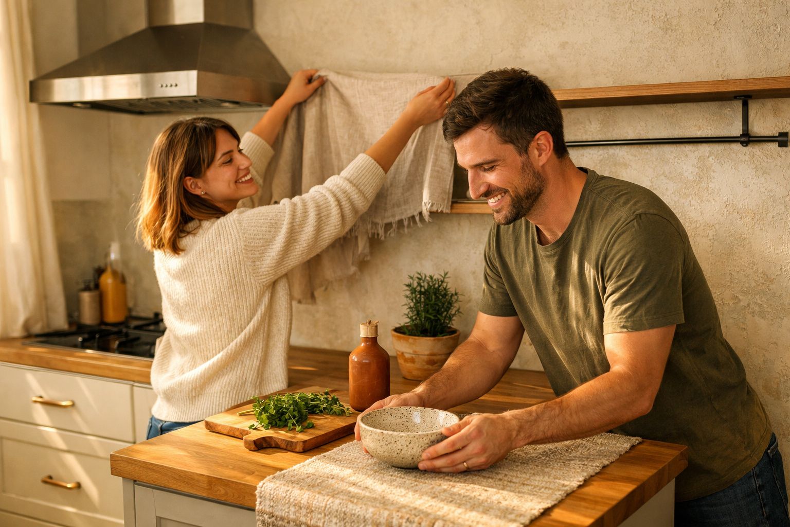 Casal sorridente na cozinha, ela pendura toalha e ele prepara a mesa com tigela e ervas frescas.