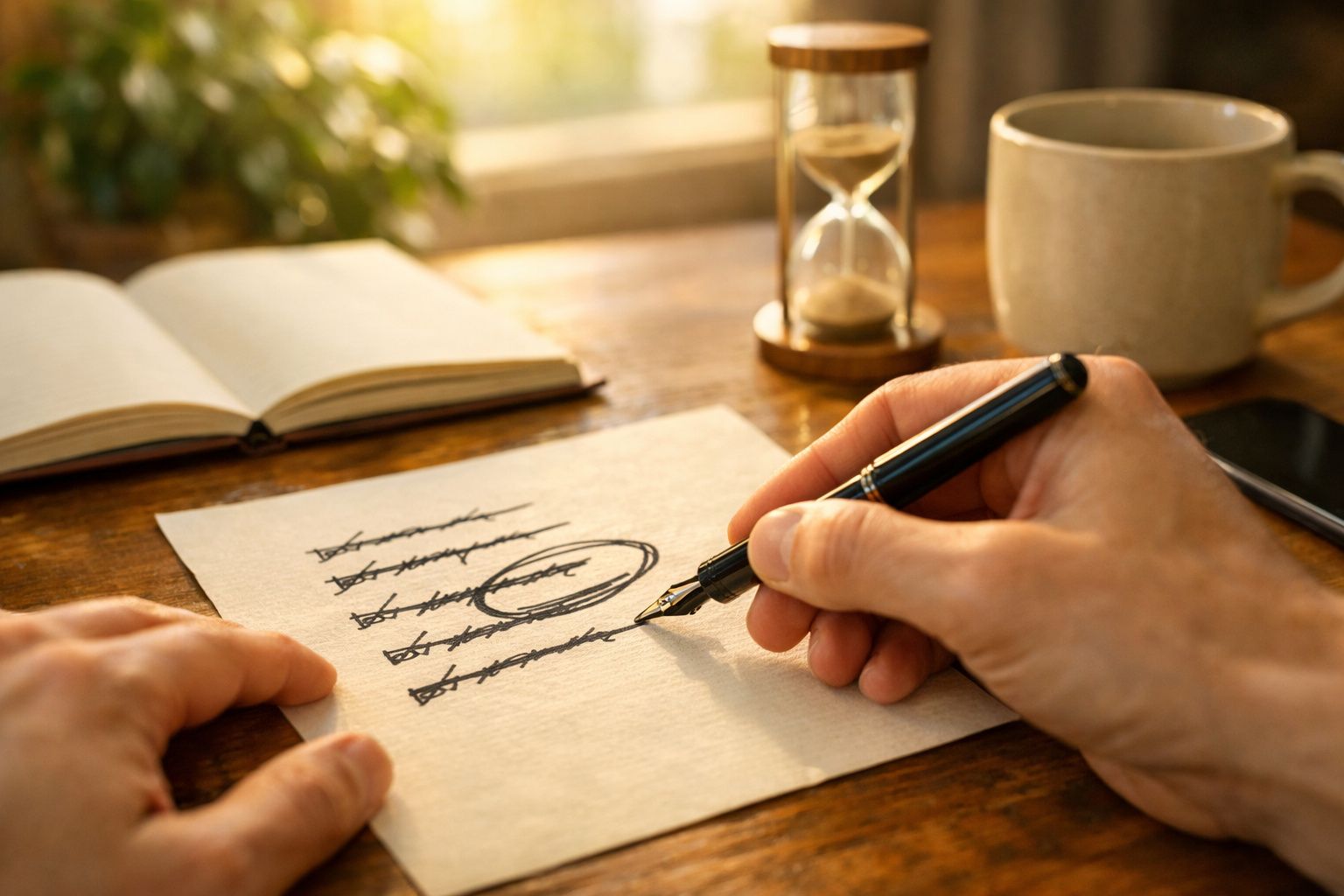 Pessoa risca lista de tarefas num papel. Ampulheta, telefone e chá sobre a mesa.