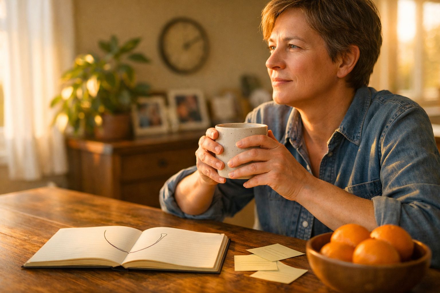 Mulher pensativa segurando chá, sentada à mesa com caderno aberto e laranjas, num ambiente iluminado pelo sol.